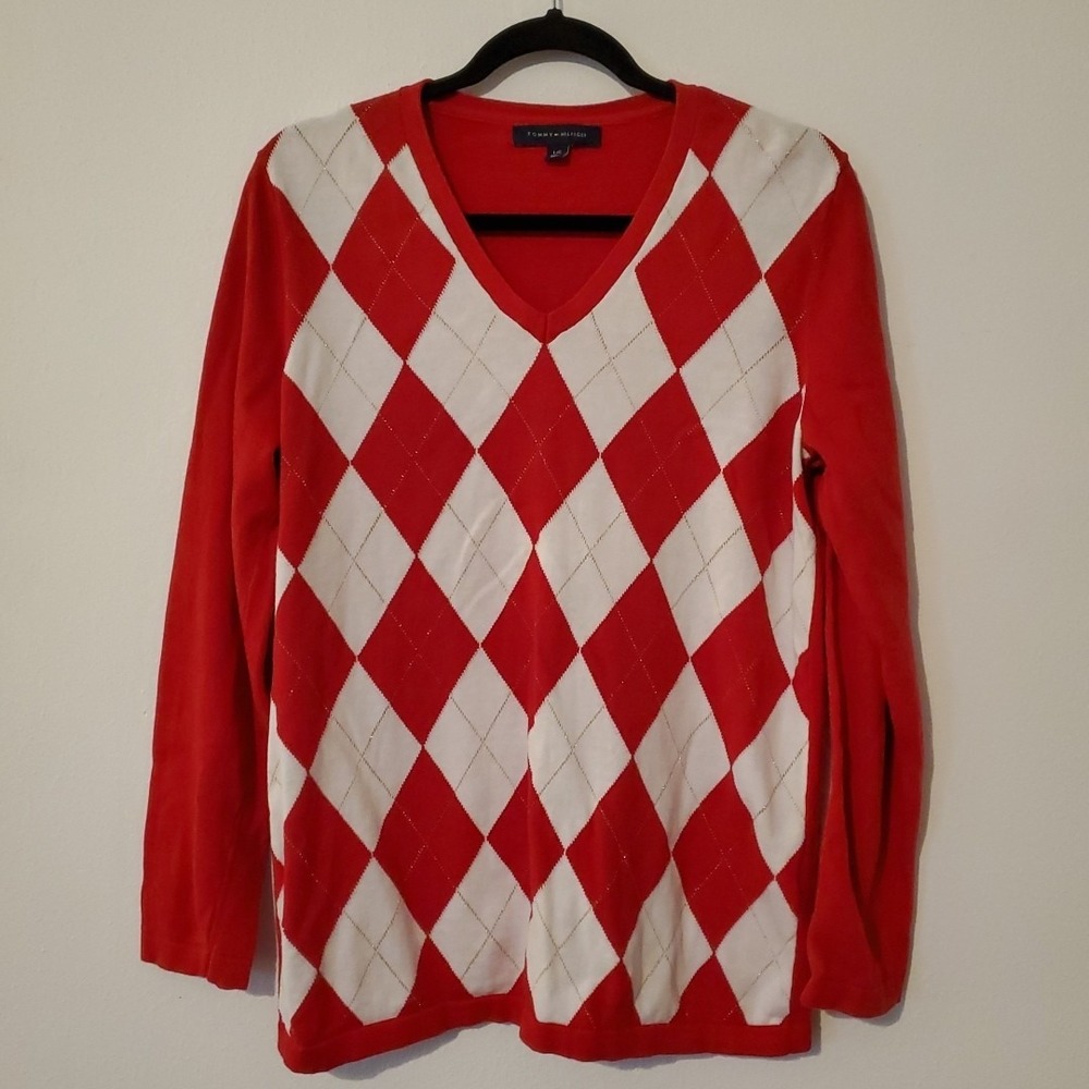 Tommy Hilfiger Sweater Women's Pullover Red White Gold Argyle Size L Cotton